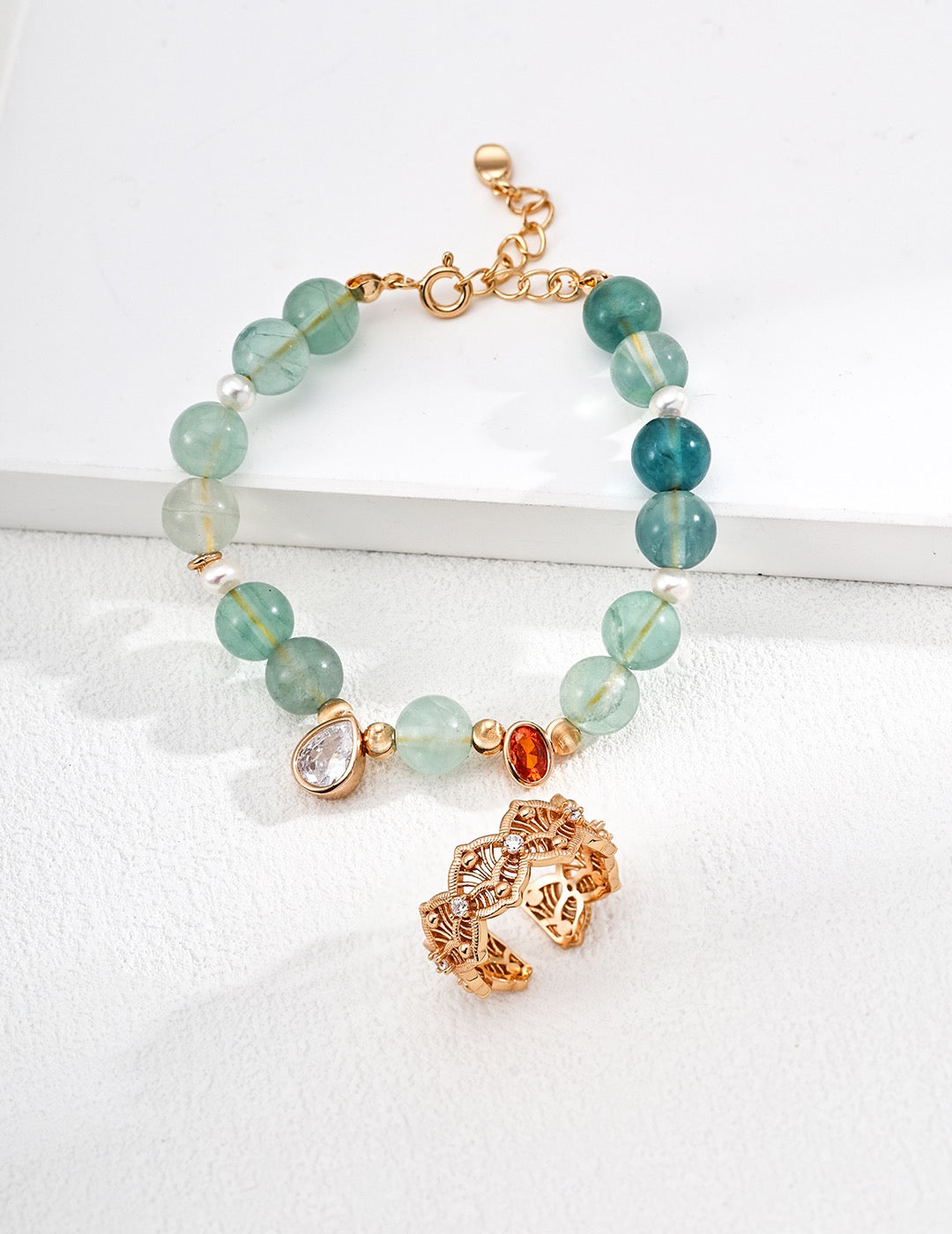 Sterling Silver Fashion Bracelet with Natural Pearls and Green Fluorite Zirconia