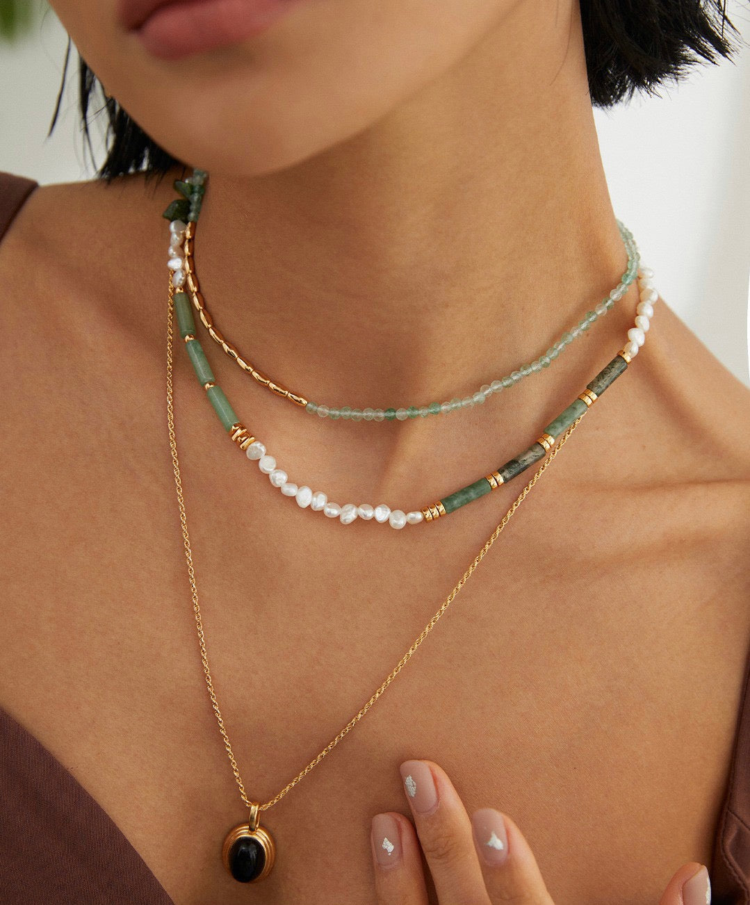 Watercress Agate Pearl Necklace