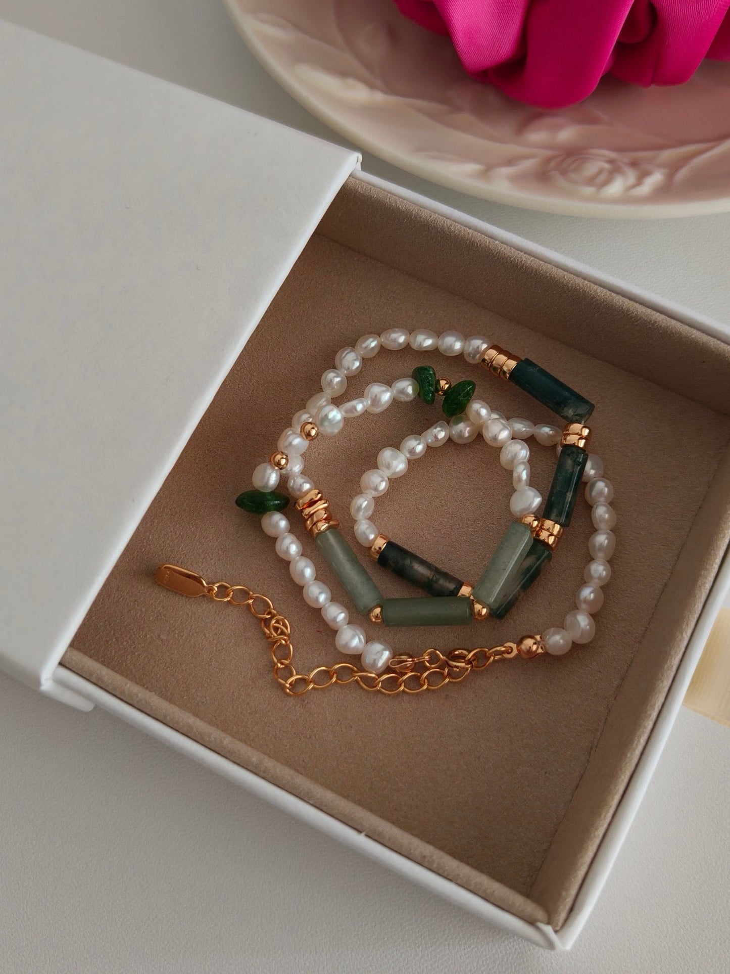 Watercress Agate Pearl Necklace