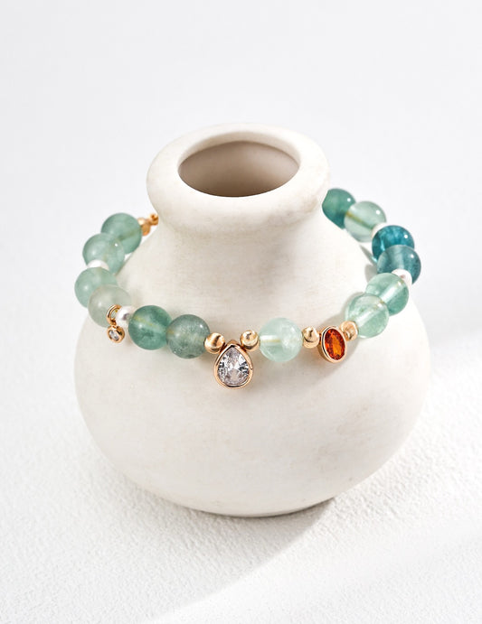 Sterling Silver Fashion Bracelet with Natural Pearls and Green Fluorite Zirconia