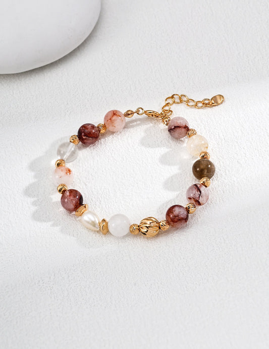 Vintage Natural Pearl Twisted Red Flower Gel Crystal Bead Bracelet